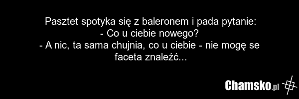 Pasztet spotyka się z baleronem i pada pytanie: - Co u ciebie nowego? - A nic, ta sama chujnia, co u ciebie - nie mogę se faceta znaleźć...