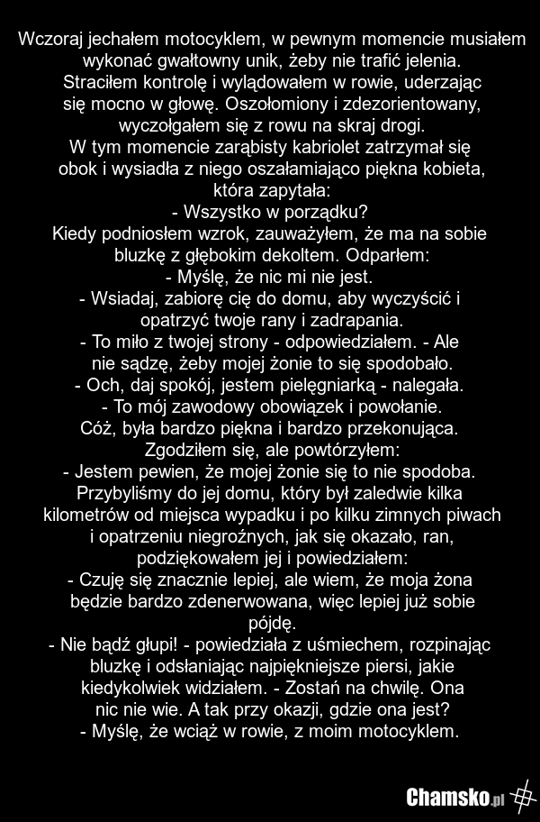 Wczoraj jechałem motocyklem, w pewnym momencie musiałem wykonać gwałtowny unik, żeby nie trafić jelenia. Straciłem kontrolę i wylądowałem w rowie, uderzając się mocno w głowę. Oszołomiony i zdezorientowany, wyczołgałem się z rowu na skraj drogi. W tym momencie zarąbisty kabriolet zatrzymał się obok…