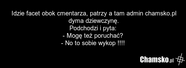 Idzie facet obok cmentarza, patrzy a tam admin chamsko.pl dyma dziewczynę. Podchodzi i pyta: - Mogę też poruchać? - No to sobie wykop !!!!