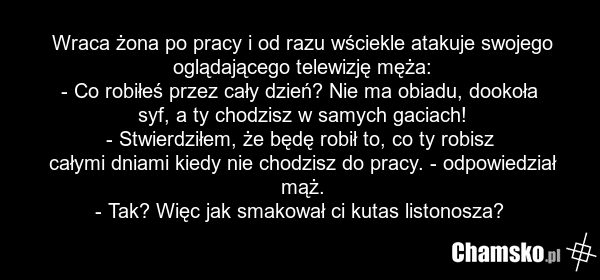 Wraca żona po pracy i od razu wściekle atakuje swojego oglądającego telewizję męża: - Co robiłeś przez cały dzień? Nie ma obiadu, dookoła syf, a ty chodzisz w samych gaciach! - Stwierdziłem, że będę robił to, co ty robisz całymi dniami kiedy nie chodzisz do pracy. - odpowiedział mąż. - Tak? Więc ja…