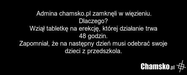 Admina chamsko.pl zamknęli w więzieniu. Dlaczego? Wziął tabletkę na erekcję, której działanie trwa 48 godzin. Zapomniał, że na następny dzień musi odebrać swoje dzieci z przedszkola.