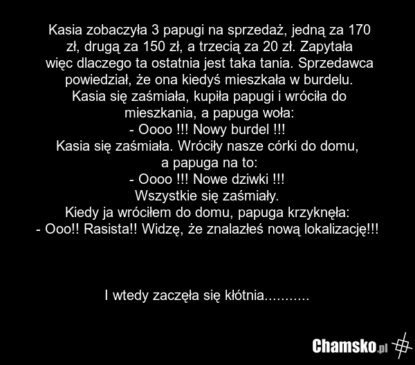 Kasia zobaczyła 3 papugi na sprzedaż, jedną za 170 zł, drugą za 150 zł, a trzecią za 20 zł. Zapytała więc dlaczego ta ostatnia jest taka tania. Sprzedawca powiedział, że ona kiedyś mieszkała w burdelu. Kasia się zaśmiała, kupiła papugi i wróciła do mieszkania, a papuga woła: - Oooo !!! Nowy burdel…
