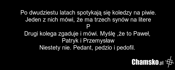 Po dwudziestu latach spotykają się koledzy na piwie. Jeden z nich mówi, że ma trzech synów na litere P Drugi kolega zgaduje i mówi. Myślę ,że to Paweł, Patryk i Przemysław Niestety nie. Pedant, pedzio i pedofil.