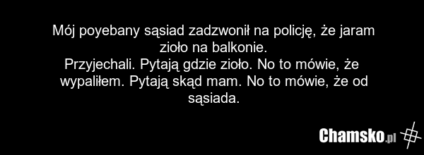 Mój poyebany sąsiad zadzwonił na policję, że jaram zioło na balkonie. Przyjechali. Pytają gdzie zioło. No to mówie, że wypaliłem. Pytają skąd mam. No to mówie, że od sąsiada.