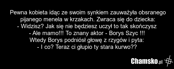 Pewna kobieta idąc ze swoim synkiem zauważyła obsranego pijanego menela w krzakach. Zwraca się do dziecka: - Widzisz? Jak się nie będziesz uczył to tak skończysz - Ale mamo!!! To znany aktor - Borys Szyc !!! Wtedy Borys podniósł głowę z rzygów i pyta: - I co? Teraz ci głupio ty stara kurwo??