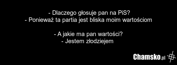 - Dlaczego głosuje pan na PiS? - Ponieważ ta partia jest bliska moim wartościom - A jakie ma pan wartości? - Jestem złodziejem