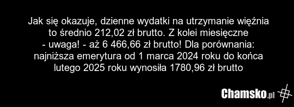 Jak się okazuje, dzienne wydatki na utrzymanie więźnia to średnio 212,02 zł brutto. Z kolei miesięczne - uwaga! - aż 6 466,66 zł brutto! Dla porównania: najniższa emerytura od 1 marca 2024 roku do końca lutego 2025 roku wynosiła 1780,96 zł brutto