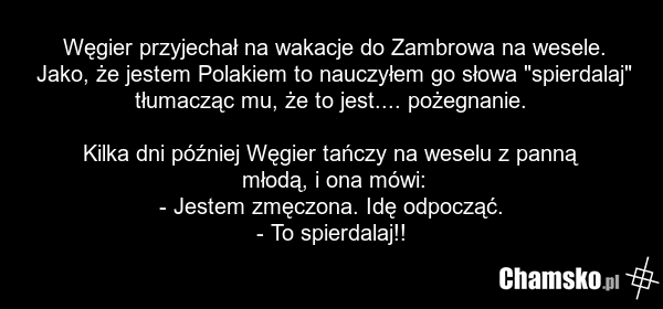Węgier przyjechał na wakacje do Zambrowa na wesele. Jako, że jestem Polakiem to nauczyłem go słowa "spierdalaj" tłumacząc mu, że to jest.... pożegnanie. Kilka dni później Węgier tańczy na weselu z panną młodą, i ona mówi: - Jestem zmęczona. Idę odpocząć. - To spierdalaj!!