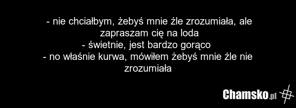 - nie chciałbym, żebyś mnie źle zrozumiała, ale zapraszam cię na loda - świetnie, jest bardzo gorąco - no właśnie kurwa, mówiłem żebyś mnie źle nie zrozumiała