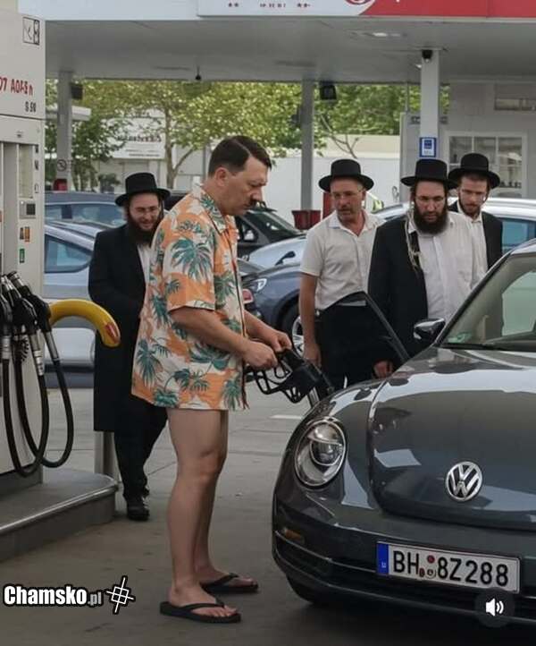 Widać, że to AI. Prawdziwy miałby samochód na gaz.