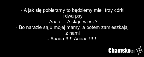 - A jak się pobierzmy to będziemy mieli trzy córki i dwa psy - Aaaa.... A skąd wiesz? - Bo narazie są u mojej mamy, a potem zamieszkają z nami - Aaaaa !!!!! Aaaaa !!!!!