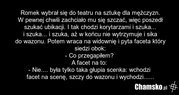 Romek wybrał się do teatru na sztukę dla mężczyzn. W pewnej chwili zachciało mu się szczać, więc poszedł szukać ubikacji. I tak chodzi korytarzami i szuka... i szuka... i szuka, aż w końcu nie wytrzymuje i sika do wazonu. Potem wraca na widownię i pyta faceta który siedzi obok: - Co przegapiłem? A…