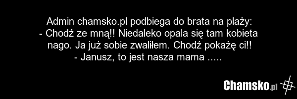 Admin chamsko.pl podbiega do brata na plaży: - Chodź ze mną!! Niedaleko opala się tam kobieta nago. Ja już sobie zwaliłem. Chodź pokażę ci!! - Janusz, to jest nasza mama .....