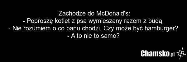 Zachodze do McDonald's: - Poproszę kotlet z psa wymieszany razem z budą - Nie rozumiem o co panu chodzi. Czy może być hamburger? - A to nie to samo?