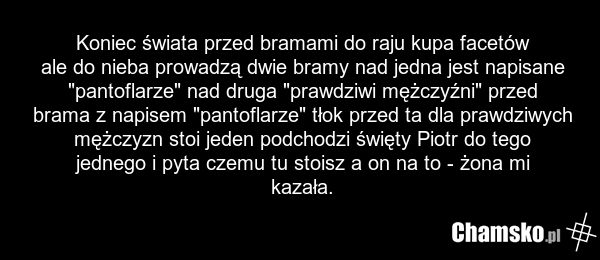 Koniec świata przed bramami do raju kupa facetów ale do nieba prowadzą dwie bramy nad jedna jest napisane "pantoflarze" nad druga "prawdziwi mężczyźni" przed brama z napisem "pantoflarze" tłok przed ta dla prawdziwych mężczyzn stoi jeden podchodzi święty Piotr do tego jednego i pyta czemu tu stoisz…