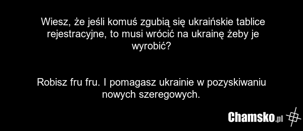Wiesz, że jeśli komuś zgubią się ukraińskie tablice rejestracyjne, to musi wrócić na ukrainę żeby je wyrobić? Robisz fru fru. I pomagasz ukrainie w pozyskiwaniu nowych szeregowych.