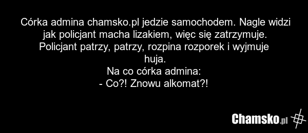 Córka admina chamsko.pl jedzie samochodem. Nagle widzi jak policjant macha lizakiem, więc się zatrzymuje. Policjant patrzy, patrzy, rozpina rozporek i wyjmuje huja. Na co córka admina: - Co?! Znowu alkomat?!