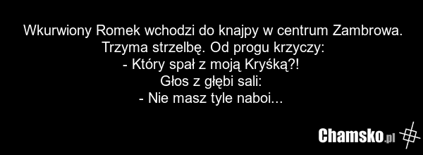 Wkurwiony Romek wchodzi do knajpy w centrum Zambrowa. Trzyma strzelbę. Od progu krzyczy: - Który spał z moją Kryśką?! Głos z głębi sali: - Nie masz tyle naboi...