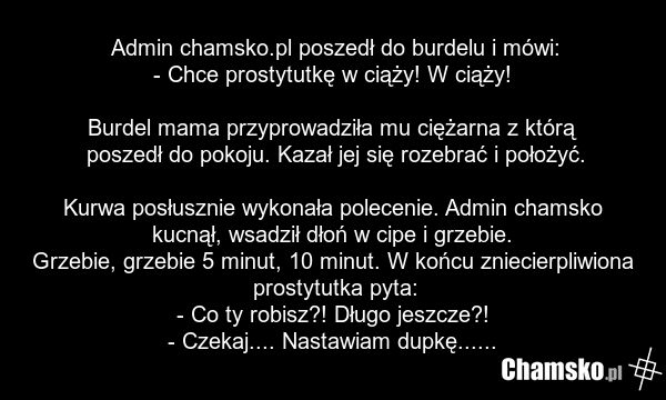 Admin chamsko.pl poszedł do burdelu i mówi: - Chce prostytutkę w ciąży! W ciąży! Burdel mama przyprowadziła mu ciężarna z którą poszedł do pokoju. Kazał jej się rozebrać i położyć. Kurwa posłusznie wykonała polecenie. Admin chamsko kucnął, wsadził dłoń w cipe i grzebie. Grzebie, grzebie 5 minut, 10…