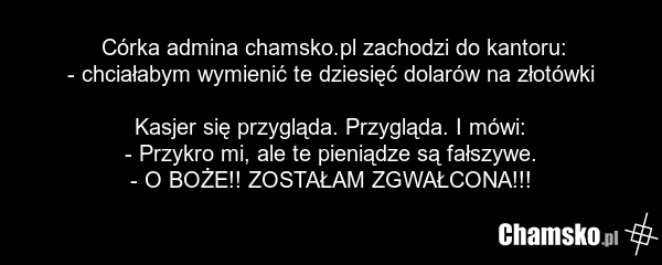 Córka admina chamsko.pl zachodzi do kantoru: - chciałabym wymienić te dziesięć dolarów na złotówki Kasjer się przygląda. Przygląda. I mówi: - Przykro mi, ale te pieniądze są fałszywe. - O BOŻE!! ZOSTAŁAM ZGWAŁCONA!!!