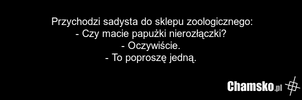 Przychodzi sadysta do sklepu zoologicznego: - Czy macie papużki nierozłączki? - Oczywiście. - To poproszę jedną.