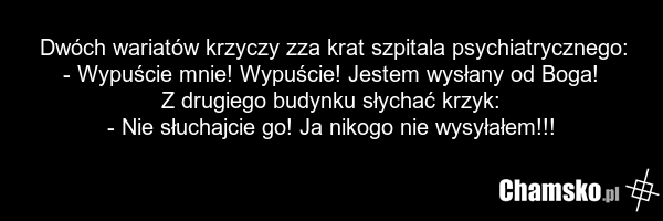 Dwóch wariatów krzyczy zza krat szpitala psychiatrycznego: - Wypuście mnie! Wypuście! Jestem wysłany od Boga! Z drugiego budynku słychać krzyk: - Nie słuchajcie go! Ja nikogo nie wysyłałem!!!
