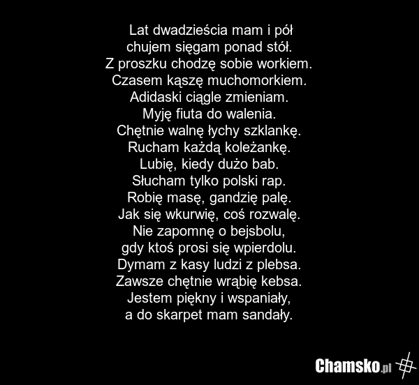 Lat dwadzieścia mam i pół chujem sięgam ponad stół. Z proszku chodzę sobie workiem. Czasem kąszę muchomorkiem. Adidaski ciągle zmieniam. Myję fiuta do walenia. Chętnie walnę łychy szklankę. Rucham każdą koleżankę. Lubię, kiedy dużo bab. Słucham tylko polski rap. Robię masę, gandzię palę. Jak się wk…