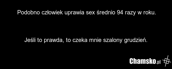 Podobno człowiek uprawia sex średnio 94 razy w roku. Jeśli to prawda, to czeka mnie szalony grudzień.