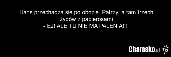 Hans przechadza się po obozie. Patrzy, a tam trzech żydów z papierosami - EJ! ALE TU NIE MA PALENIA!!!