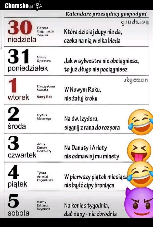 Kalendarz przesądnej gospodyni.