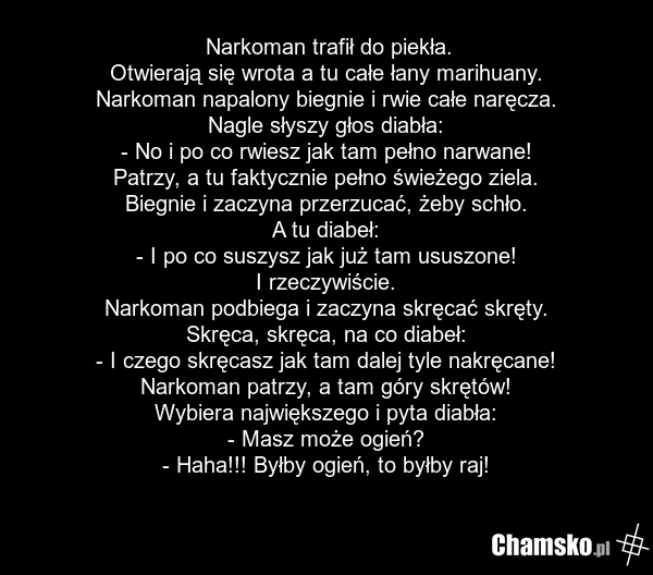 Narkoman trafił do piekła. Otwierają się wrota a tu całe łany marihuany. Narkoman napalony biegnie i rwie całe naręcza. Nagle słyszy głos diabła: - No i po co rwiesz jak tam pełno narwane! Patrzy, a tu faktycznie pełno świeżego ziela. Biegnie i zaczyna przerzucać, żeby schło. A tu diabeł: - I po co…