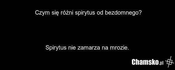 Czym się różni spirytus od bezdomnego? Spirytus nie zamarza na mrozie.