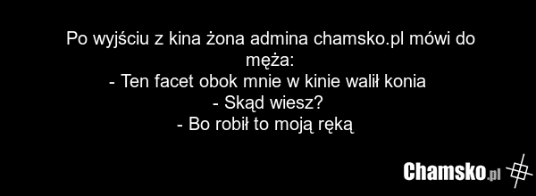 Po wyjściu z kina żona admina chamsko.pl mówi do męża: - Ten facet obok mnie w kinie walił konia - Skąd wiesz? - Bo robił to moją ręką