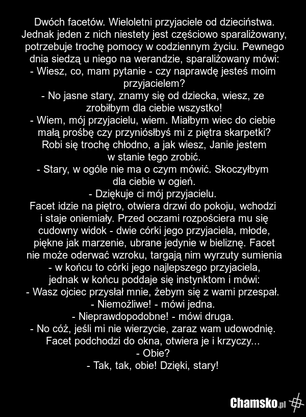 Dwóch facetów. Wieloletni przyjaciele od dzieciństwa. Jednak jeden z nich niestety jest częściowo sparaliżowany, potrzebuje trochę pomocy w codziennym życiu. Pewnego dnia siedzą u niego na werandzie, sparaliżowany mówi: - Wiesz, co, mam pytanie - czy naprawdę jesteś moim przyjacielem? - No jasne st…