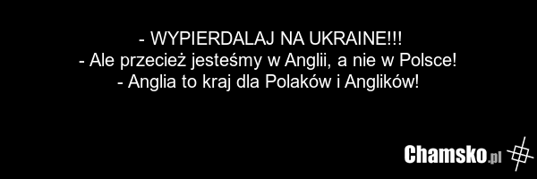 - WYPIERDALAJ NA UKRAINE!!! - Ale przecież jesteśmy w Anglii, a nie w Polsce! - Anglia to kraj dla Polaków i Anglików!