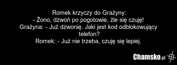 Romek krzyczy do Grażyny: - Żono, dzwoń po pogotowie, źle się czuję! Grażyna: - Już dzwonię. Jaki jest kod odblokowujący telefon? Romek: - Już nie trzeba, czuję się lepiej.