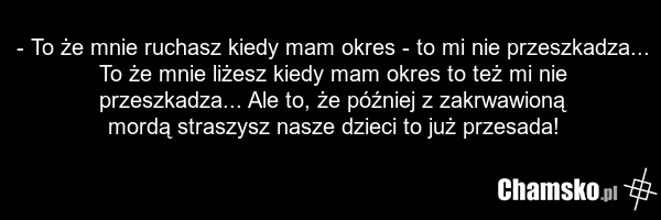 - To że mnie ruchasz kiedy mam okres - to mi nie przeszkadza... To że mnie liżesz kiedy mam okres to też mi nie przeszkadza... Ale to, że później z zakrwawioną mordą straszysz nasze dzieci to już przesada!