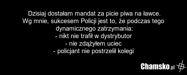 Dzisiaj dostałam mandat za picie piwa na ławce. Wg mnie, sukcesem Policji jest to, że podczas tego dynamicznego zatrzymania: - nikt nie trafił w dystrybutor - nie zdążyłem uciec - policjant nie postrzelił kolegi