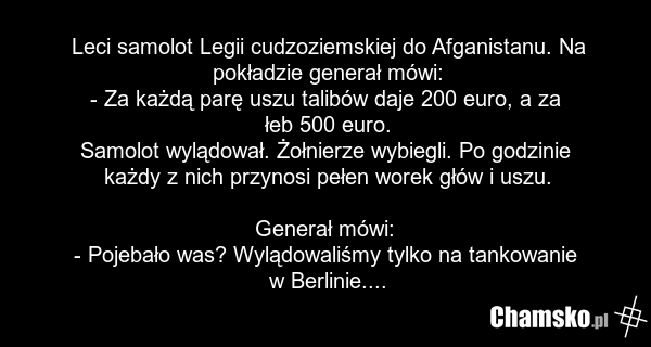 Leci samolot Legii cudzoziemskiej do Afganistanu. Na pokładzie generał mówi: - Za każdą parę uszu talibów daje 200 euro, a za łeb 500 euro. Samolot wylądował. Żołnierze wybiegli. Po godzinie każdy z nich przynosi pełen worek głów i uszu. Generał mówi: - Pojebało was? Wylądowaliśmy tylko na tankowan…