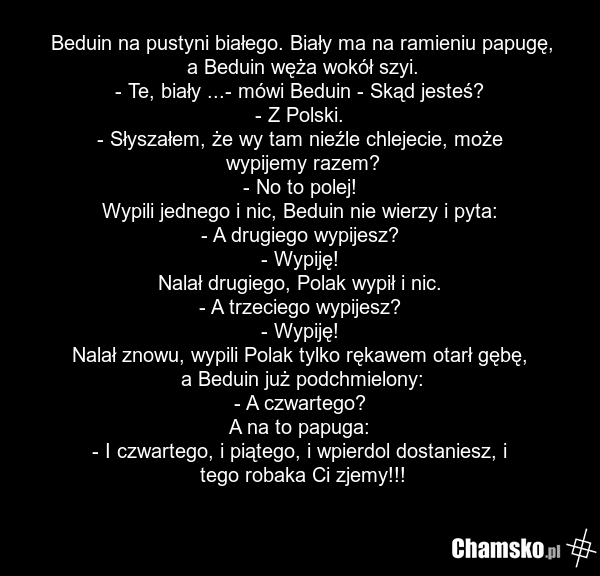 Beduin na pustyni białego. Biały ma na ramieniu papugę, a Beduin węża wokół szyi. - Te, biały ...- mówi Beduin - Skąd jesteś? - Z Polski. - Słyszałem, że wy tam nieźle chlejecie, może wypijemy razem? - No to polej! Wypili jednego i nic, Beduin nie wierzy i pyta: - A drugiego wypijesz? - Wypiję! Nal…
