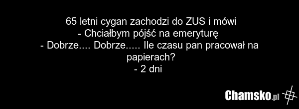 65 letni cygan zachodzi do ZUS i mówi - Chciałbym pójść na emeryturę - Dobrze.... Dobrze..... Ile czasu pan pracował na papierach? - 2 dni