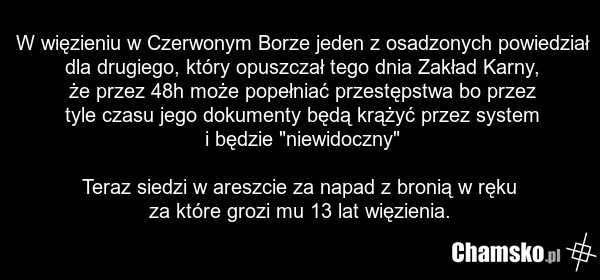 W więzieniu w Czerwonym Borze jeden z osadzonych powiedział dla drugiego, który opuszczał tego dnia Zakład Karny, że przez 48h może popełniać przestępstwa bo przez tyle czasu jego dokumenty będą krążyć przez system i będzie "niewidoczny" Teraz siedzi w areszcie za napad z bronią w ręku za które gro…