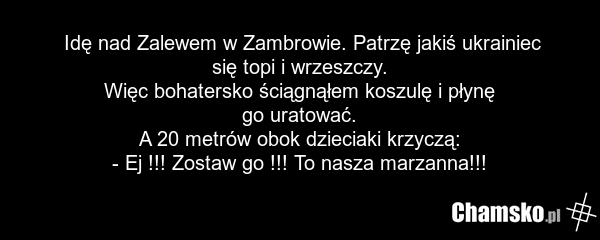 Idę nad Zalewem w Zambrowie. Patrzę jakiś ukrainiec się topi i wrzeszczy. Więc bohatersko ściągnąłem koszulę i płynę go uratować. A 20 metrów obok dzieciaki krzyczą: - Ej !!! Zostaw go !!! To nasza marzanna!!!