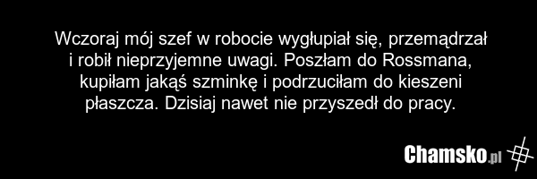 Wczoraj mój szef w robocie wygłupiał się, przemądrzał i robił nieprzyjemne uwagi. Poszłam do Rossmana, kupiłam jakąś szminkę i podrzuciłam do kieszeni płaszcza. Dzisiaj nawet nie przyszedł do pracy.