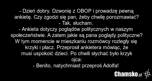 - Dzień dobry. Dzwonię z OBOP i prowadzę pewną ankietę. Czy zgodzi się pan, żeby chwilę porozmawiać? - Tak, słucham. - Ankieta dotyczy poglądów politycznych w naszym społeczeństwie. A zatem jakie są pana poglądy polityczne? W tym momencie w mieszkaniu rozmówcy rozległy się krzyki i płacz. Przeprosi…