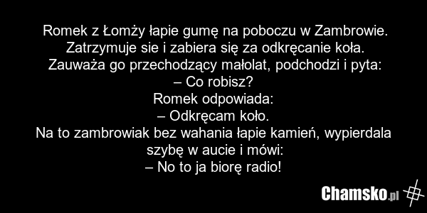 Romek z Łomży łapie gumę na poboczu w Zambrowie. Zatrzymuje sie i zabiera się za odkręcanie koła. Zauważa go przechodzący małolat, podchodzi i pyta: – Co robisz? Romek odpowiada: – Odkręcam koło. Na to zambrowiak bez wahania łapie kamień, wypierdala szybę w aucie i mówi: – No to ja biorę radio!