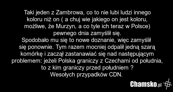 Taki jeden z Zambrowa, co to nie lubi ludzi innego koloru niż on ( a chuj wie jakiego on jest koloru, możliwe, że Murzyn, a co tyle ich teraz w Polsce) pewnego dnia zamyślił się. Spodobało mu się to nowe doznanie, więc zamyślił się ponownie. Tym razem mocniej odpalił jedną szarą komórkę i zaczął za…