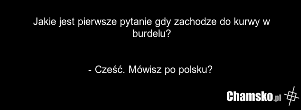 Jakie jest pierwsze pytanie gdy zachodze do kurwy w burdelu? - Cześć. Mówisz po polsku?
