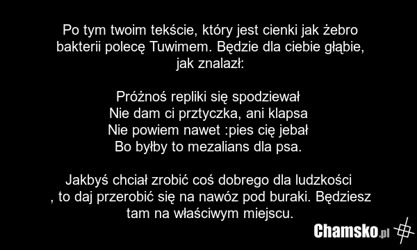 Po tym twoim tekście, który jest cienki jak żebro bakterii polecę Tuwimem. Będzie dla ciebie głąbie, jak znalazł: Próżnoś repliki się spodziewał Nie dam ci prztyczka, ani klapsa Nie powiem nawet :pies cię jebał Bo byłby to mezalians dla psa. Jakbyś chciał zrobić coś dobrego dla ludzkości , to daj p…