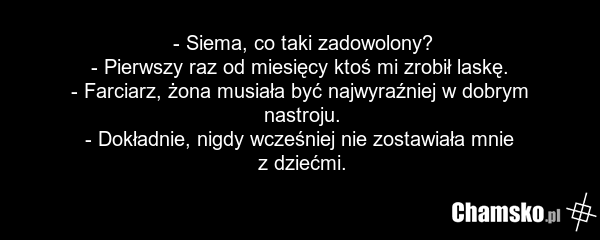 - Siema, co taki zadowolony? - Pierwszy raz od miesięcy ktoś mi zrobił laskę. - Farciarz, żona musiała być najwyraźniej w dobrym nastroju. - Dokładnie, nigdy wcześniej nie zostawiała mnie z dziećmi.